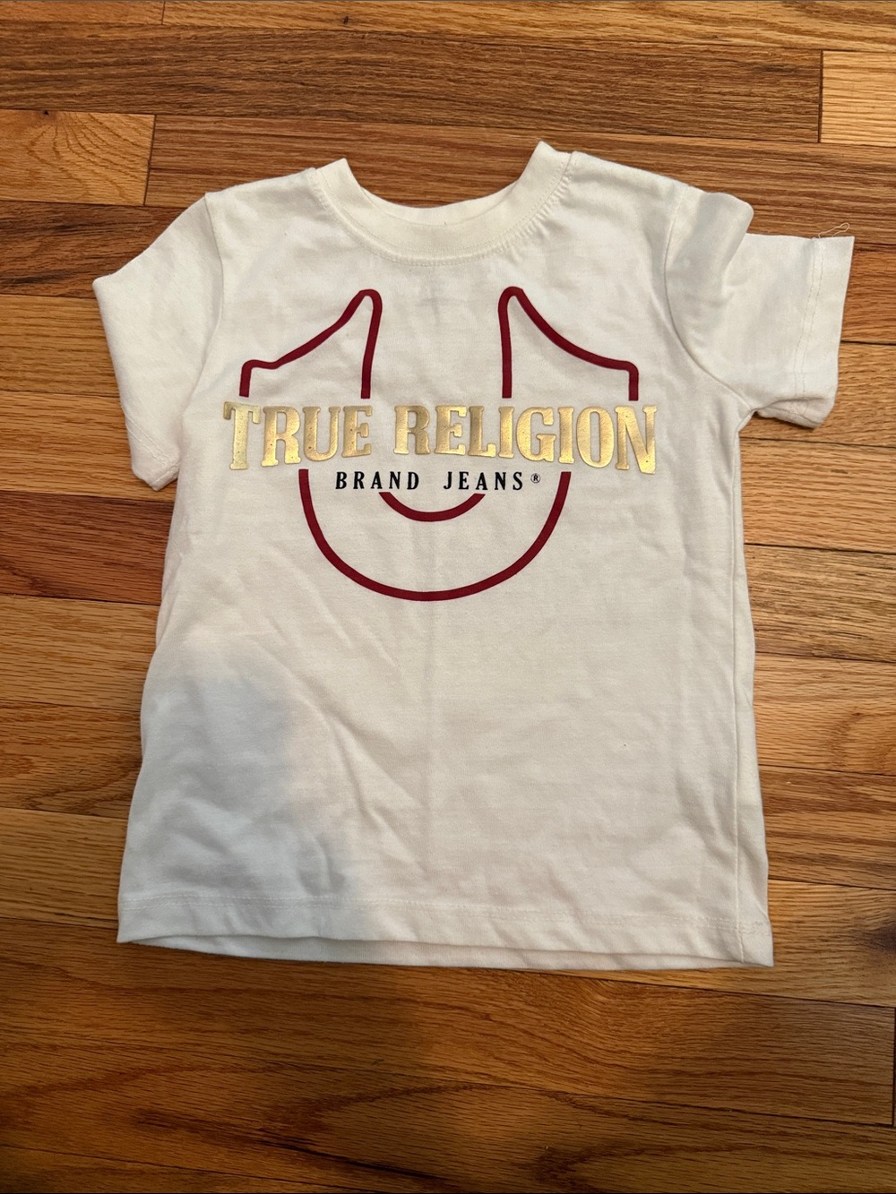 True Religion Kids White Tee with Gold Logo and Maroon Graphic